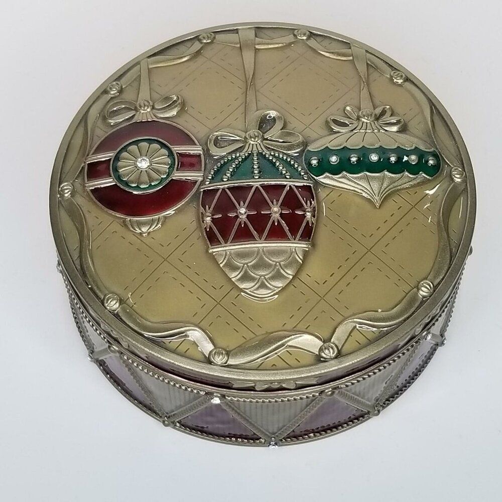 Mirrored Jewelry Box Christmas Red Gold Ornaments Black Velvet Enamel